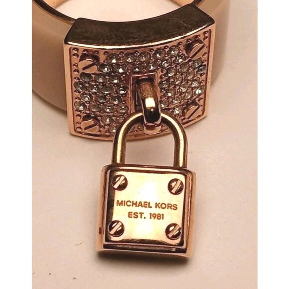 MICHAEL KORS Signed Size6 Padlock Crystal Ring Cityscape Hardware Rose Gold Tone - Picture 10 of 12
